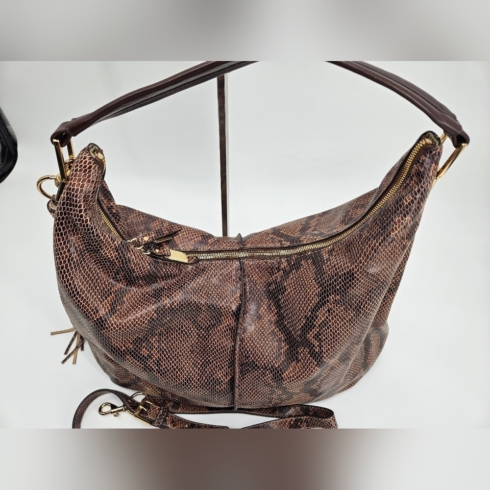 GILI Got To Love It Large LEATHER Emb SNAKE Choc Brown TASSEL Hobo Bag PURSE - Picture 3 of 14
